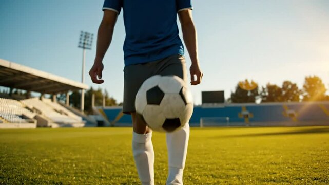 Soccer player demonstrating skill by juggling the soccer ball with his foot in a stadium during the day