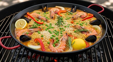 A cast iron paella pan full of colorful ingredients (rice, peas, shrimp, mussels) just before cooking, on an outdoor grill.