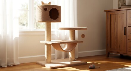 A cat tree by a sunny window, with a cat-shaped indent in the topmost perch, a single toy mouse on the floor below.