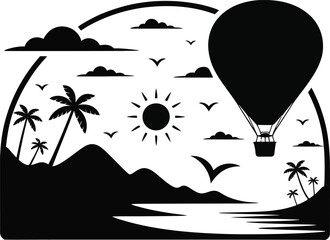Hot Air Balloon Over Tropical Coastal Landscape