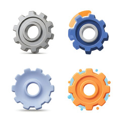 Four colorful gears in metallic silver blue gray and orange