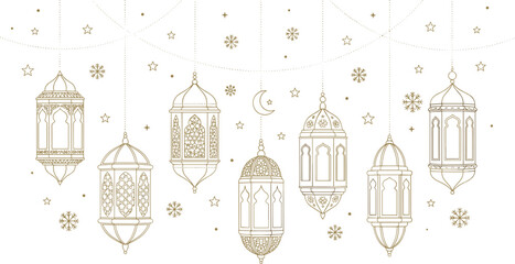 Ramadan Kareem Hanging Lantern Vector Set with Islamic Ornamental Lamps, Crescent Moon, Stars and Elegant Golden Festive Decoration Elements © mdanichur
