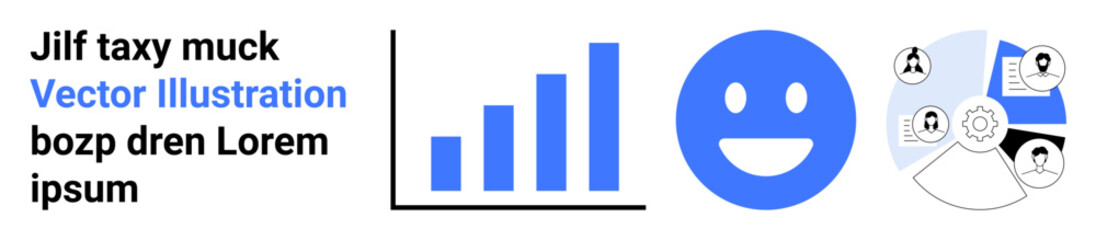 Fototapeta premium Data analysis, teamwork, user engagement, performance tracking, feedback systems, communication tools. Bar chart, happy face pie chart with user icons. Data analysis and teamwork concept
