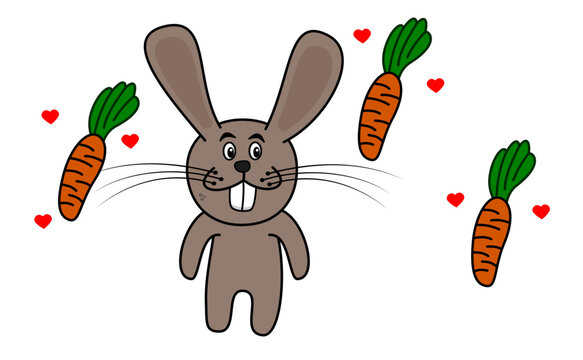 Little gray rabbit with some carrots surrounded by hearts on white background - vector