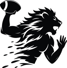 Powerful Lion Mascot Throwing American Football Silhouette
