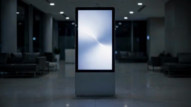 Selfservice kiosk illuminated softly in a quiet latenight lobby digital wayfinding interface in crisp focus with empty seating fading into the background.
