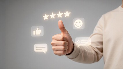 Customer satisfaction concept with five star rating and thumbs up icon,business feedback review and positive evaluation experience background