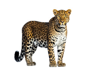 Obraz premium Leopard standing alert on white background with spotted coat and muscular build