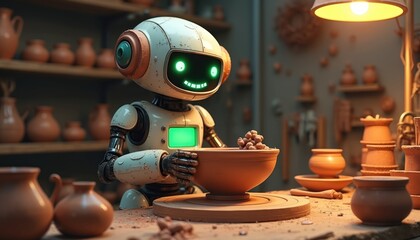 Fototapeta premium Robot with glowing eyes expertly shapes clay bowl on pottery wheel. Advanced AI makes pottery in studio. Future craft, tech meets tradition. Art creation.