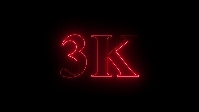 Glowing neon line 3k Ultra HD icon isolated on black background. 4K Video motion 3K followers. animation in Easy to put into any video.