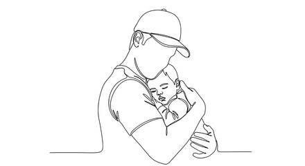 Simple continuous line drawing captures a loving father holding his peacefully sleeping infant son close to his chest