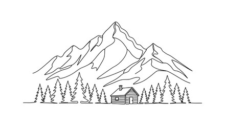 Minimalist continuous line drawing depicts a solitary rustic mountain cabin nestled among tall evergreen trees against a rugged backdrop.