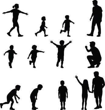 Silhouettes of children and parents in various active poses including running jumping playing and walking together