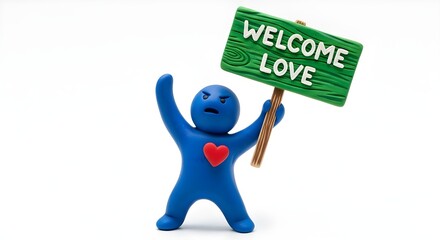 Fototapeta premium Small blue clay figure holding a green sign proclaiming welcome love with an angry expression