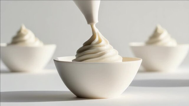 Frosted cream is being poured into ceramic bowls, creating a luxurious and appetizing dessert. The texture appears smooth and the color is delicious white frosting.
