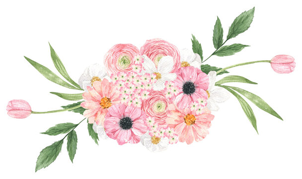 Watercolor pink flower bouquet isolated. Hand drawn botanical illustration for spring, summer print, Mother's day, greeting cards, wedding invitation