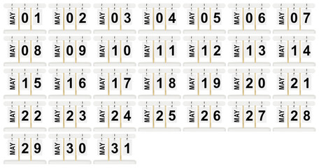 Professional studio shot of a white flip calendar showing May. Isolated on white background with clipping path. Perfect for office stationery catalogs, web design, business scheduling themes