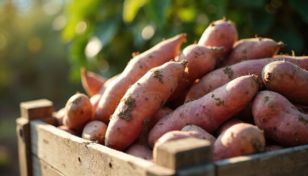Freshly harvested organic sweet potatoes fill a wooden crate in warm sunlight. The rustic pile of tubers shows soil remnants, hinting at their farm origin and natural goodness for healthy eating.