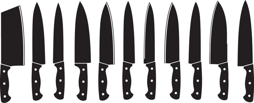 Collection of various kitchen knives on white background