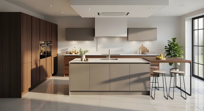 Modern kitchen with glossy large-format ceramic floor tiles, reflective surface, sleek cabinets, morning sunlight through large windows, contemporary luxury home aesthetic