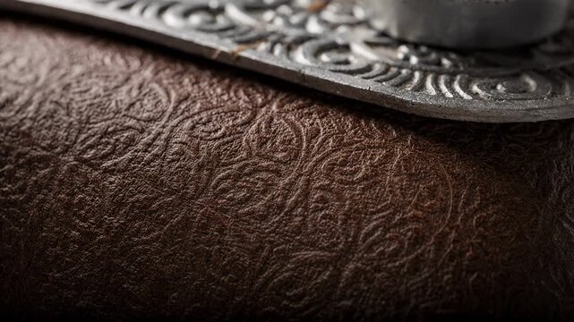 Medium shot of patterned texture embossing on leather emphasizing the intricate repetitive design being pressed into the surface for decorative detailing.