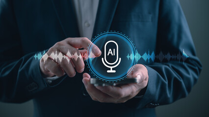 Businessman using smartphone with AI voice assistant, sound wave visualization. Concept of speech...