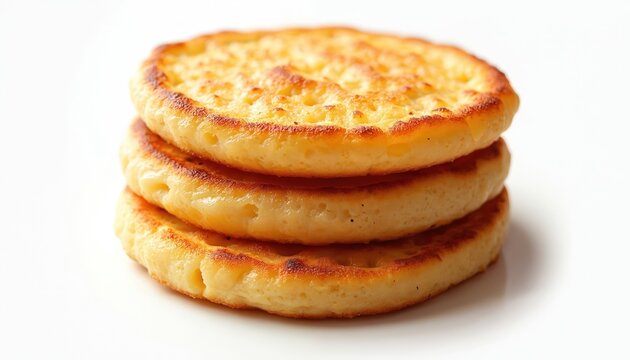 Stack of golden crumpets with porous texture. Freshly baked, soft, airy rounds ready for breakfast or brunch. Ideal for food blogs recipe sites.