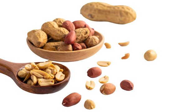 Close-up studio shot featuring two wooden spoons brimming with assorted shelled and unshelled groundnuts, scattered on a black backdrop