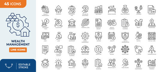 Wealth Management icon set. Contain icons related to wealth, management, finance, portfolio, retirement Plan, investment, assets and More. Editable stroke. Vector Illustration © Cetacons