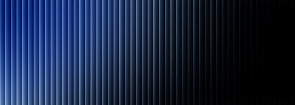 Abstract dark blue vertical blinds texture features graduated light intensity moving from bright left illumination toward absolute black darkness in a modern pattern on white background