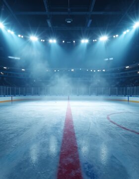 Empty ice hockey arena with bright spotlights and fog. Hockey stadium ice rink with red line marking for game. Professional sport stadium atmosphere with copy space.