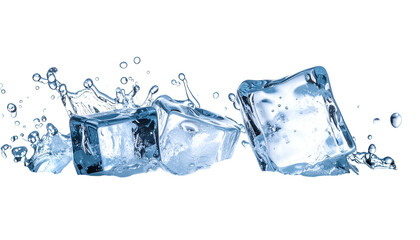 Close-up view of ice cubes with water splash and droplets on a black background, reflecting light