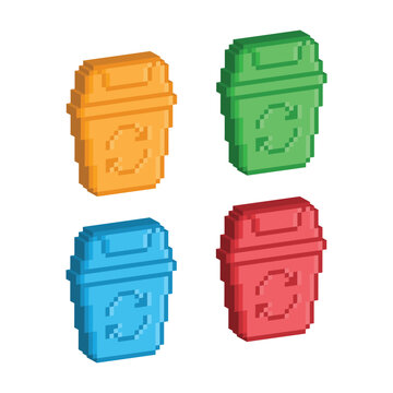 3D isometric pixel art recycling bin yellow 8 bit vector icon for computer game, logo