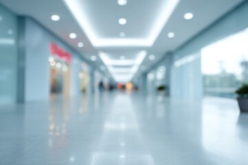 Fototapeta premium Bright modern shopping mall interior with blurred storefronts and shiny floors