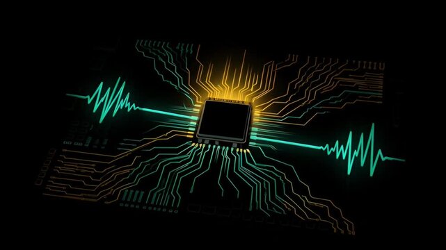 Minimal flat vector motherboard with golden sunrise circuit glow animation