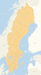 Political map of Sweden showing regions and borders of neighboring Scandinavian and Baltic European countries