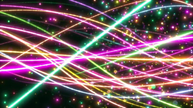 ランダムに伸びる曲線と光の粒 ループ背景 黄色と緑色とピンク色