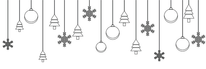 Simple christmas scene featuring a tree hanging decorations and snow. Holiday greeting card featuring black and white line art of hanging Christmas ornaments with various patterns, Vector illustration © Alexandra