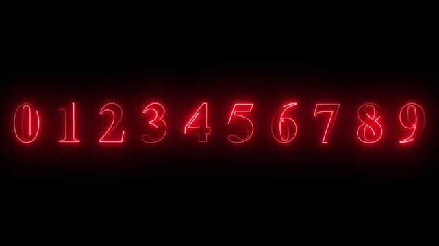 Neon 0-9 number mathematics text icon animation on black background. Glowing neon 0-9 motion graphics animation. Number 0-9 vector illustration. Digits with glowing lights and bulbs.