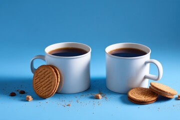 Two white mugs filled with coffee and biscuits on blue background
