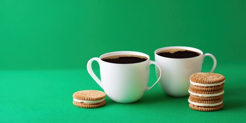 Two white coffee mugs with cookies on green background