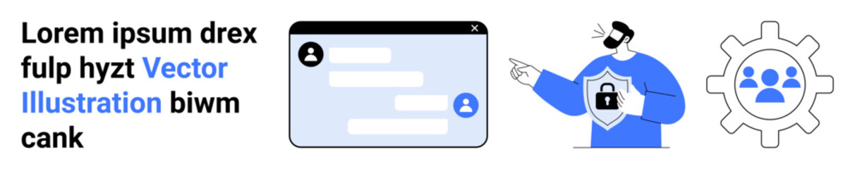 Fototapeta premium Online security, user authentication, privacy protection, digital identity, secure communication, data protection. A man holding a shield with a lock, chat interface and teamwork gear. Online