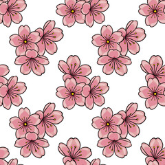 Seamless vector pattern of delicate pink sakura cherry blossoms with yellow stamens on a white background.