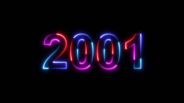 2001 neon line text. Happy new year 2001 neon line text animation. Glowing four color light numbers on dark background 4k. 2001 neon glow text animation background.