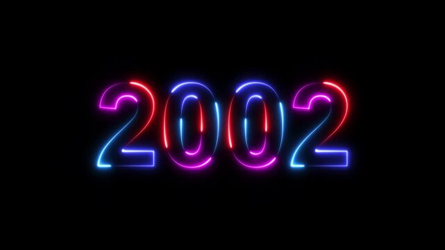 2002 neon line text. Happy new year 2002 neon line text animation. Glowing four color light numbers on dark background 4k. 2002 neon glow text animation background.