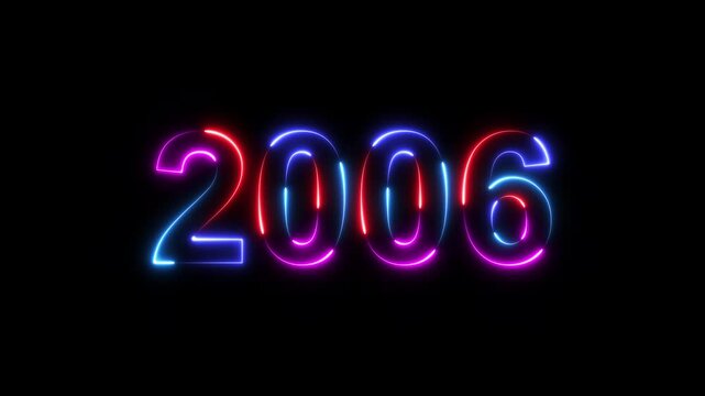 2006 neon line text. Happy new year 2006 neon line text animation. Glowing four color light numbers on dark background 4k. 2006 neon glow text animation background.
