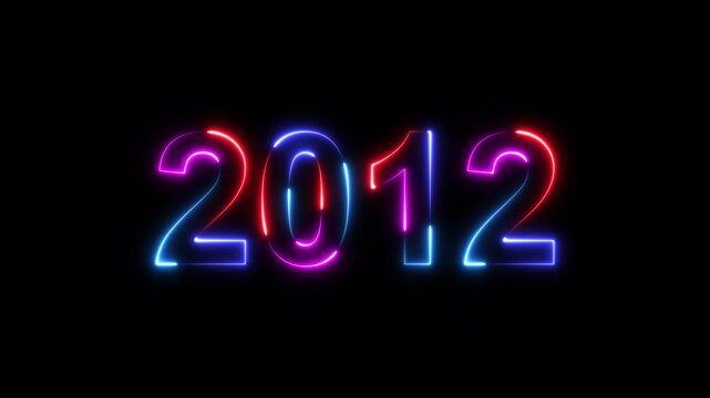 2012 neon line text. Happy new year 2012 neon line text animation. Glowing four color light numbers on dark background 4k. 2012 neon glow text animation background.