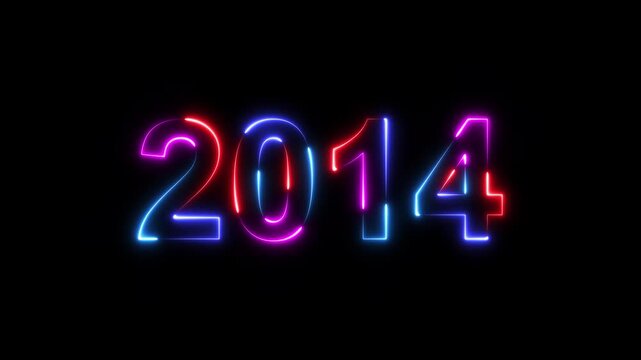 2014 neon line text. Happy new year 2014 neon line text animation. Glowing four color light numbers on dark background 4k. 2014 neon glow text animation background.