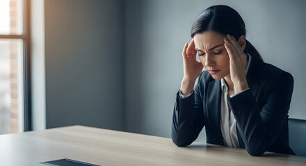 Stressed Businesswoman With Headache at Desk