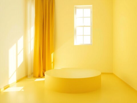 Minimalist yellow room with round platform and natural light streaming in